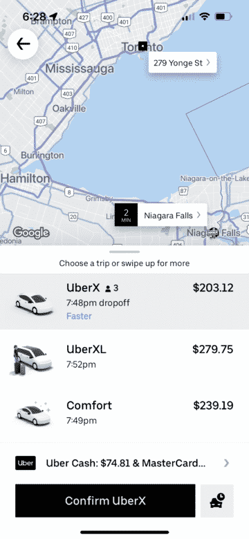 Taking an Uber from Niagara Falls to Toronto